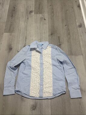 Draper James Blue Pinstripe Button-Down with White Lace Panel
